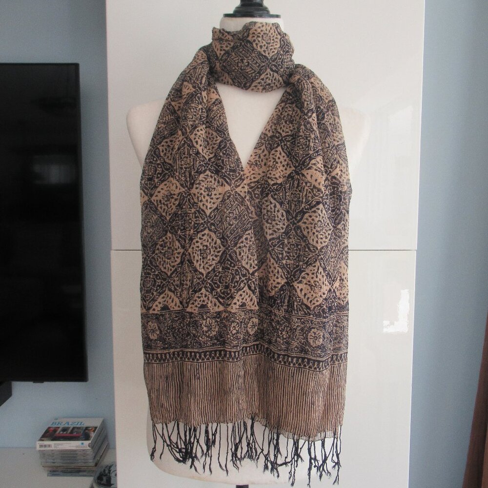 Women’s Floral Paisley Pashmina 100% Silk Scarf Wrap Shawl w/Fringe Tan & Black